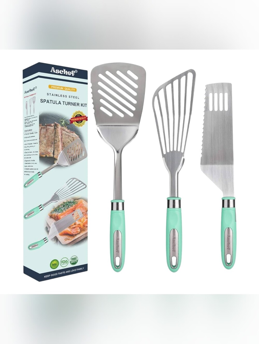 Stainless Steel Spatula Turner Set in Mint Green